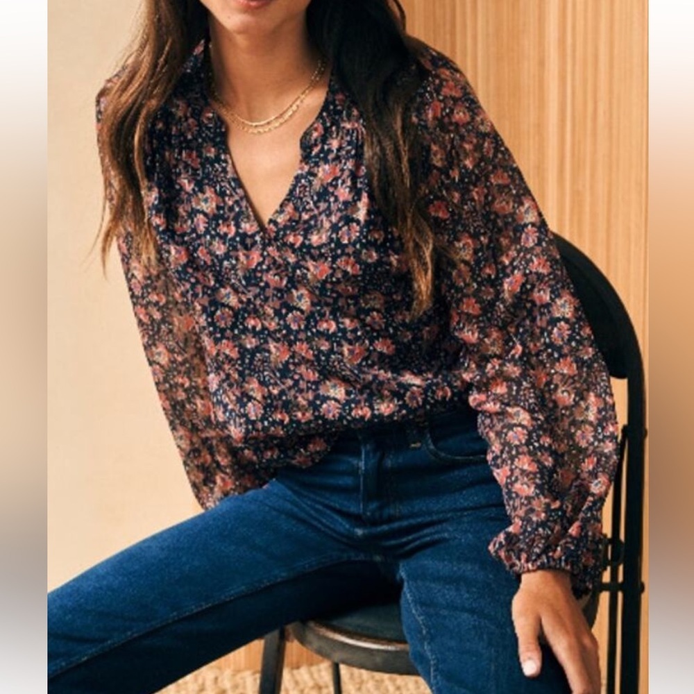 Faherty  Stargaze Bloom Silk Cotton Sage Wood Blouse Boho Floral Sz Medium Top